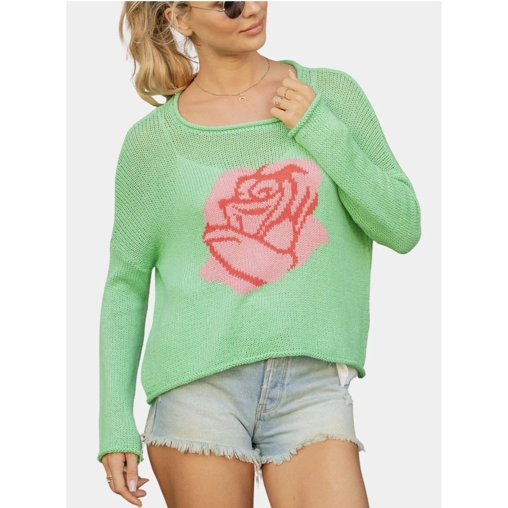 Wooden Ships Rosa Top Cotton Sweater‎ Green Pink Rose Size S/M Lightweight NWT